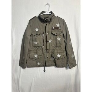 Aspen Womens XS Olive Green Star Print Military Field Jacket Beaded Patch Cotton